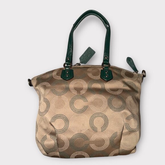 Coach Ashley Dotted OP Art North South Satchel F25183 Beige Sateen Green Leather - Picture 6 of 11
